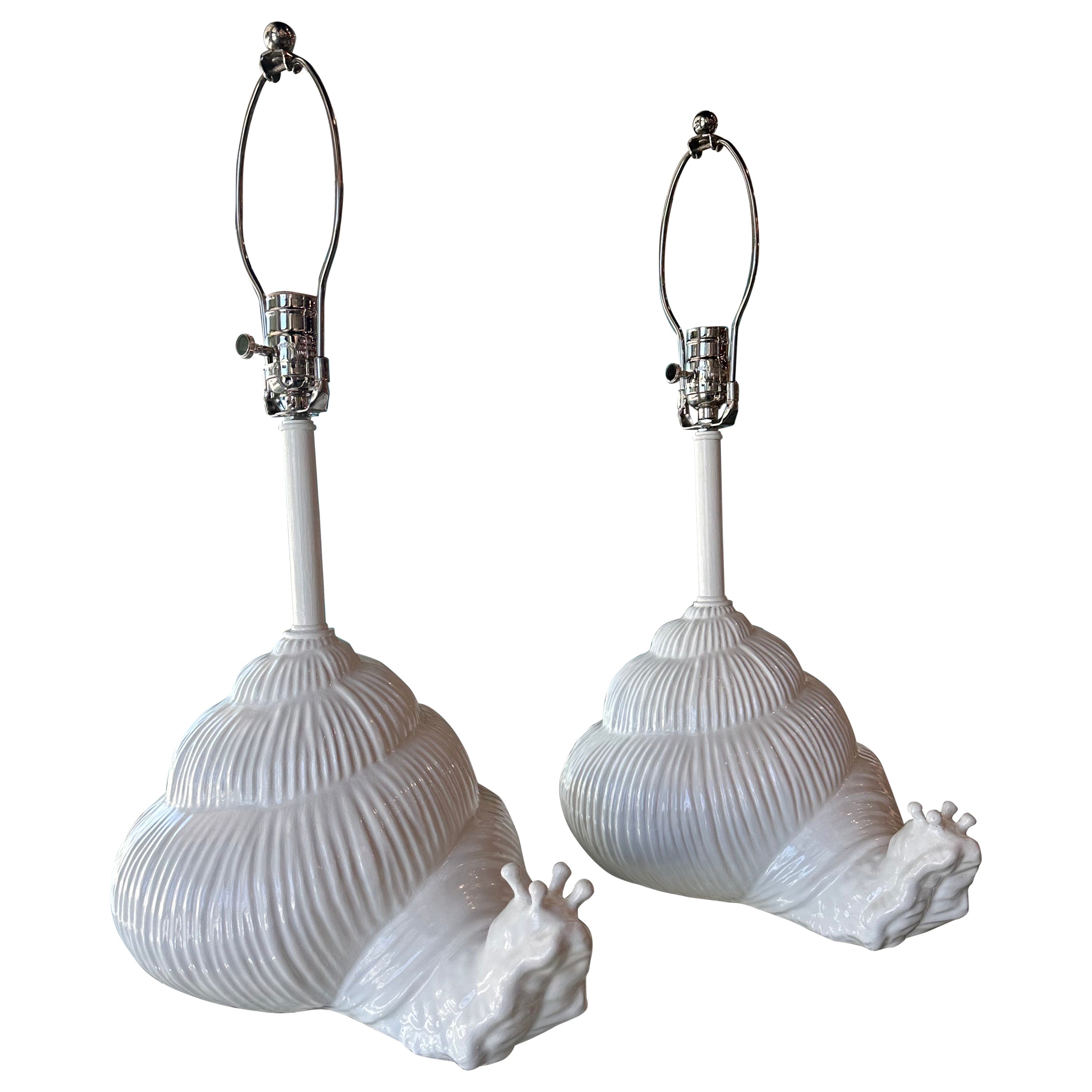 Vintage Pair of White Italian Ceramic Snail Palm Beach Table Lamps Newly Wired For Sale