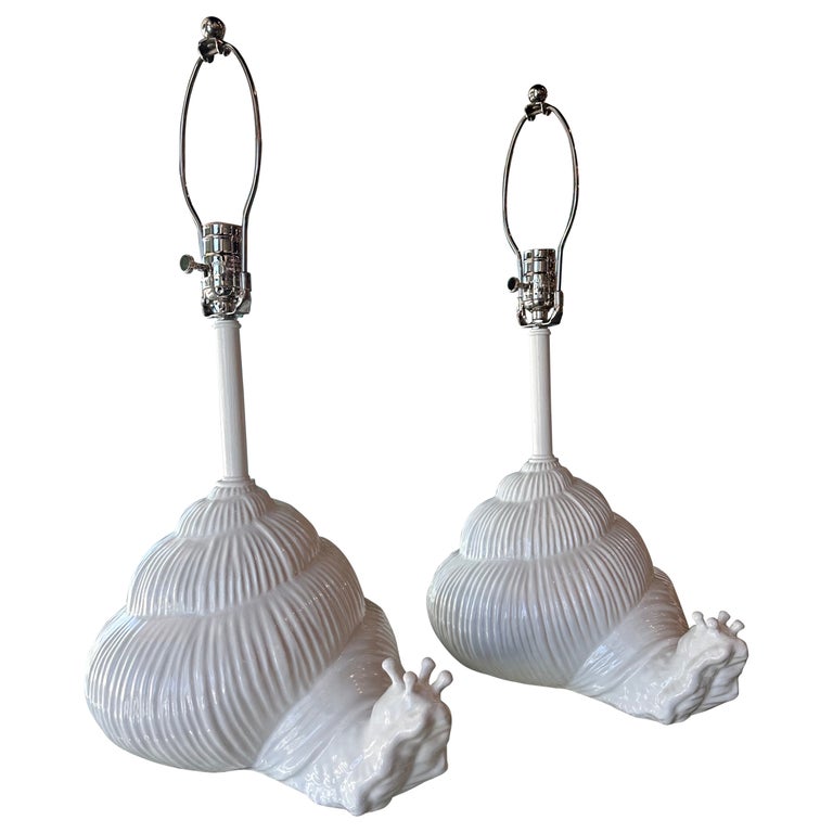 Vintage Pair of White Italian Ceramic Snail Palm Beach Table Lamps Newly  Wired For Sale at 1stDibs