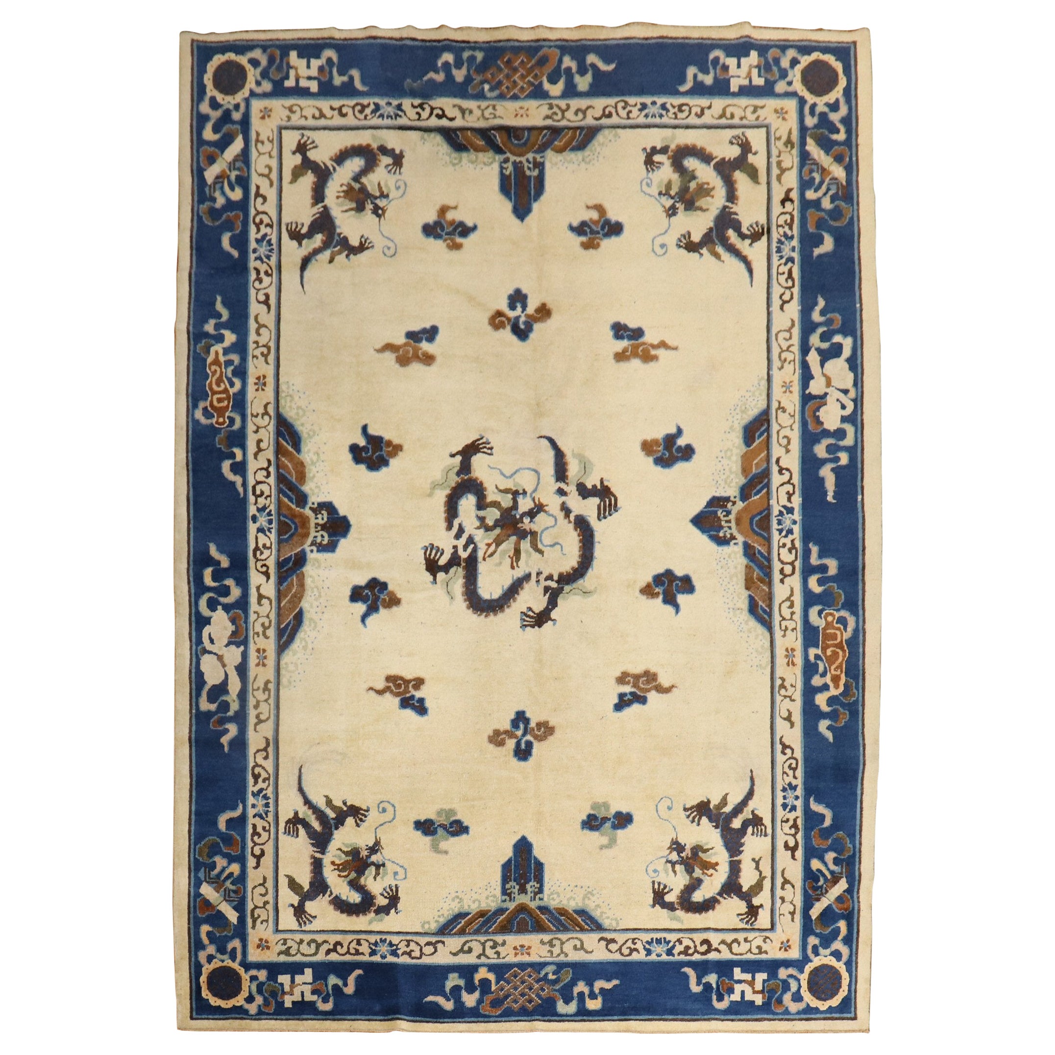 Zabihi Collection Ivory Antique Chinese Dragon Rug For Sale