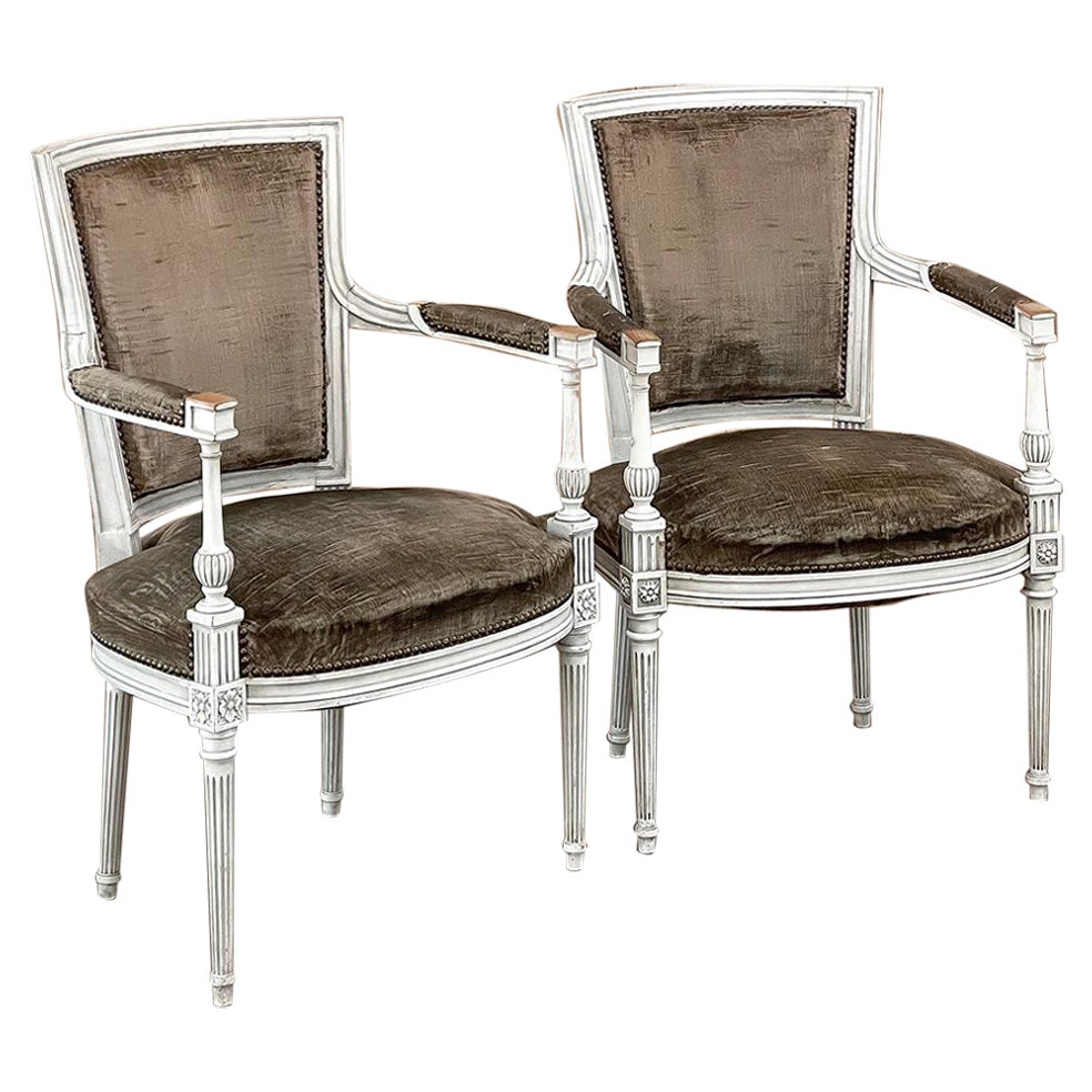Pair 19th Century French Neoclassical Louis XVI Painted Armchairs For Sale