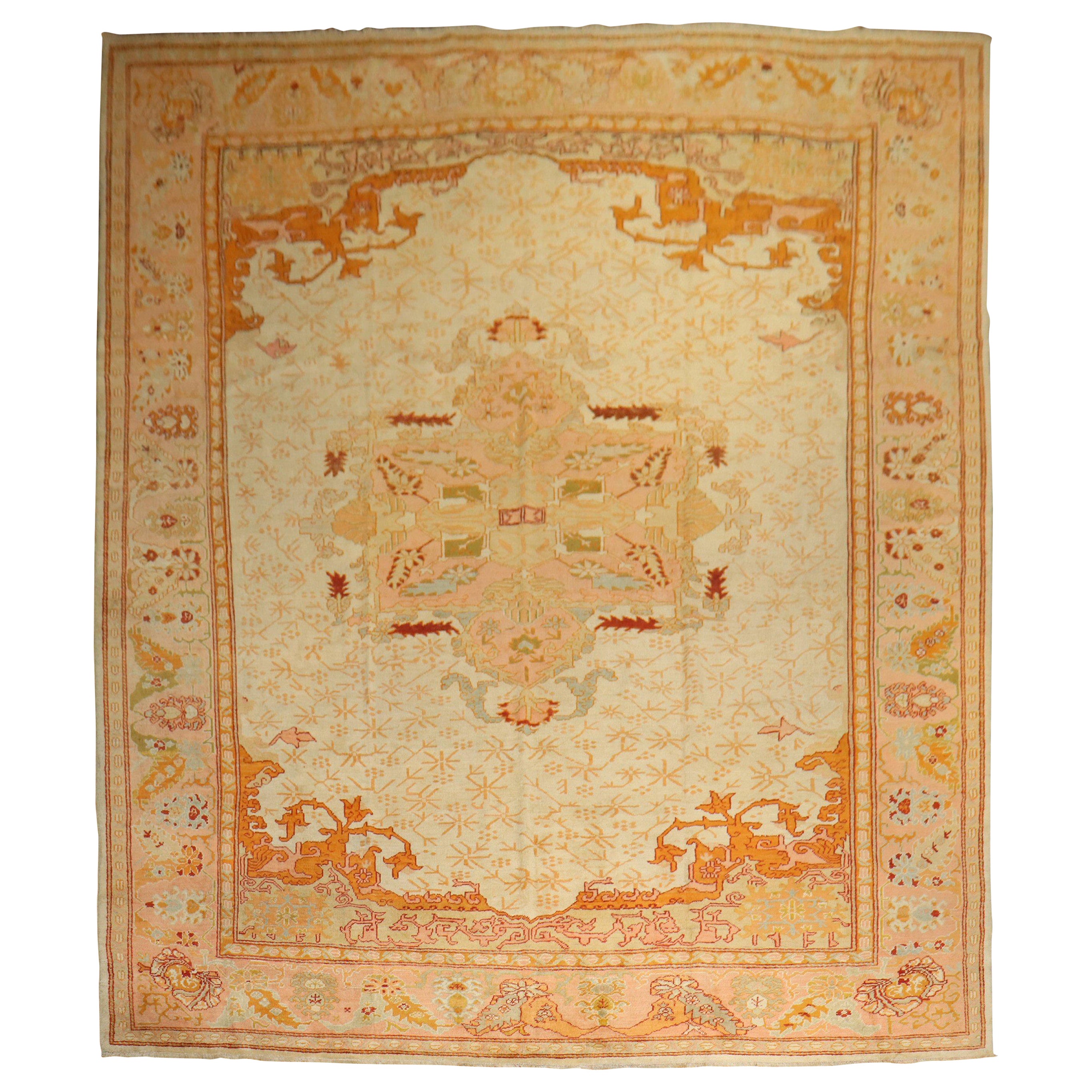 Zabihi Collection Ivory Antique Large Oushak Rug For Sale