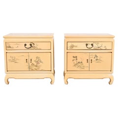 Henredon Style Hollywood Regency Chinoiserie Cream Lacquered Nightstands