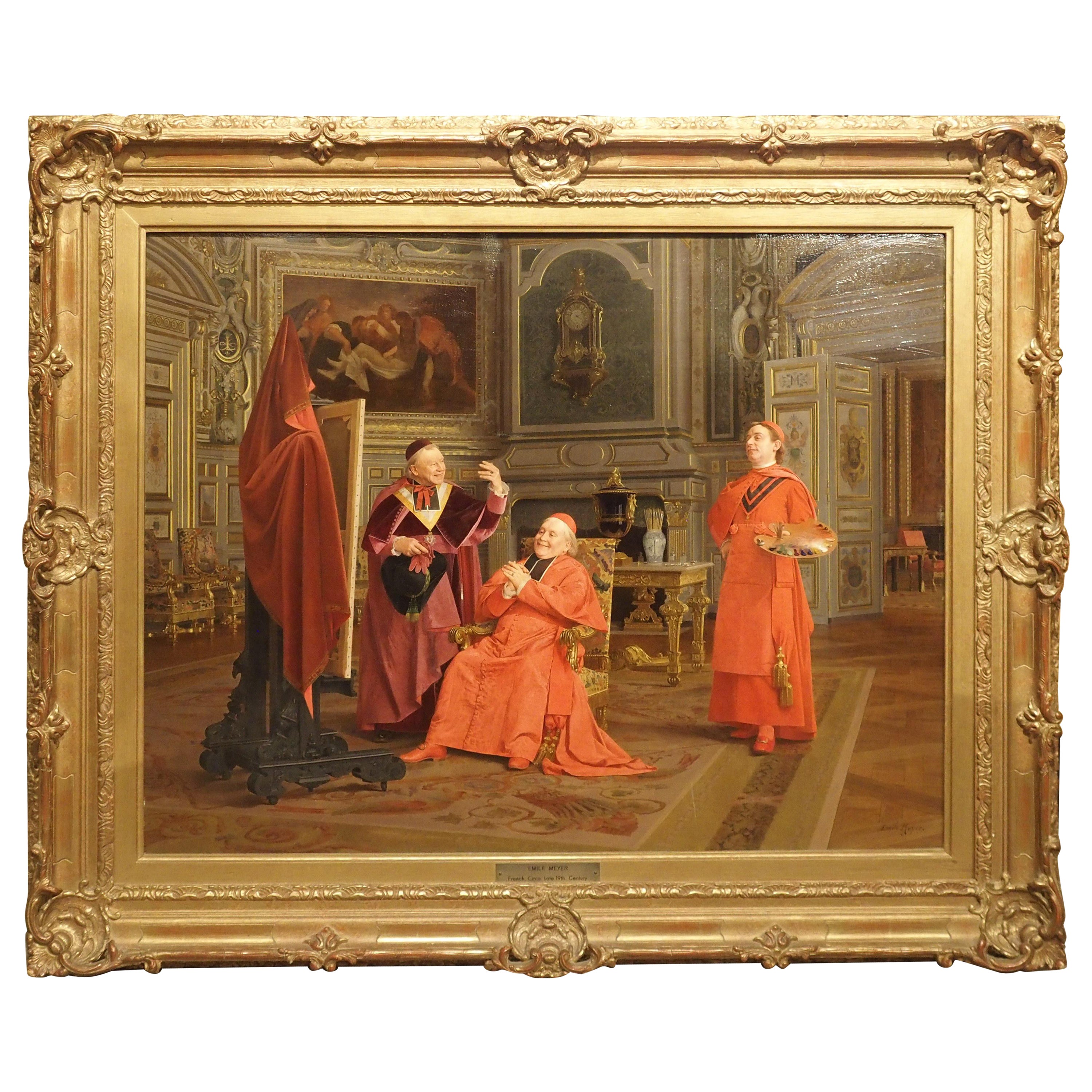 Peinture à l'huile française ancienne sur panneau, Le dévoilement, d'Emile Meyer, 1823-1893