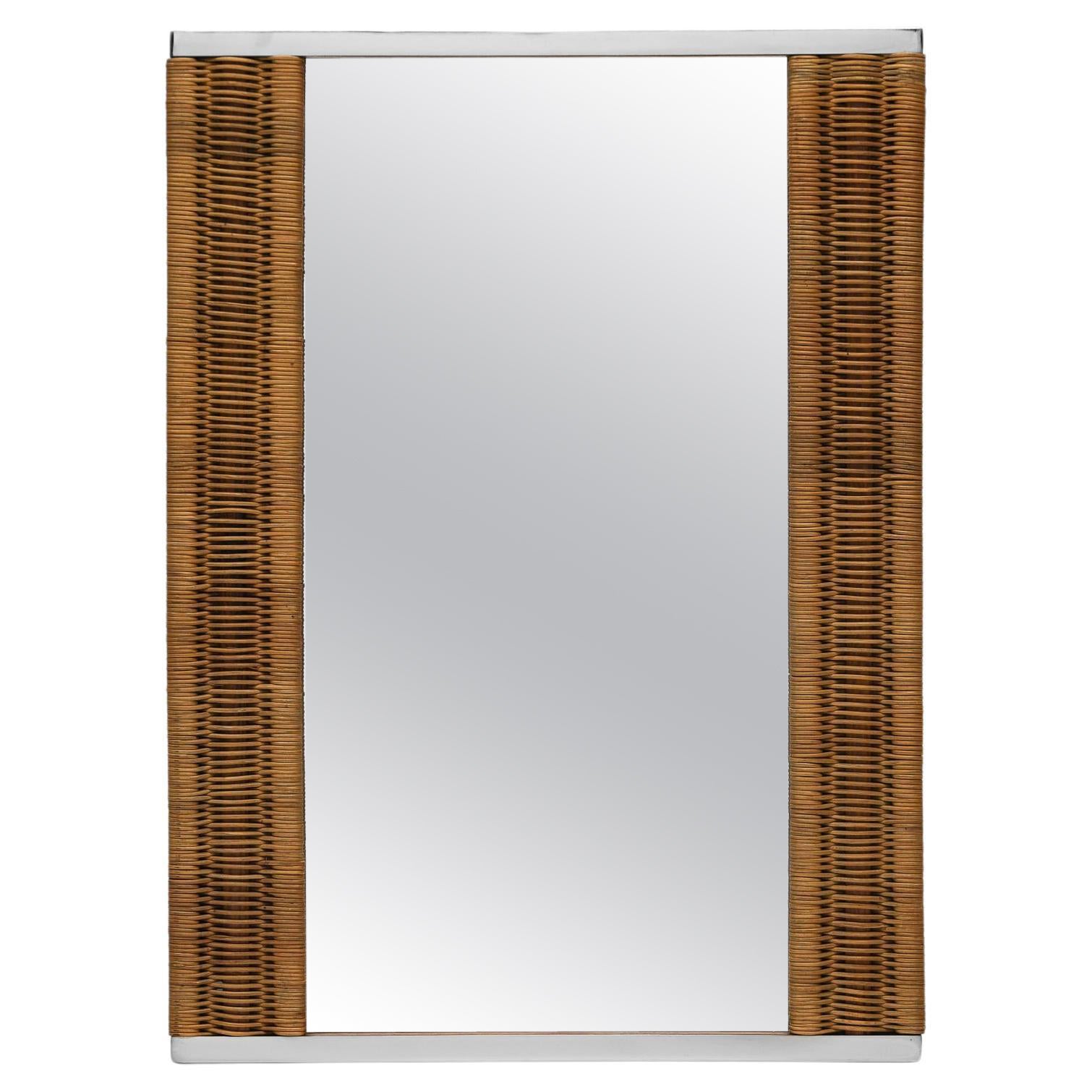 Lovely Large Rattan and Chrome Wall Mirror in Gebriella Crespi Style, 1960s For Sale