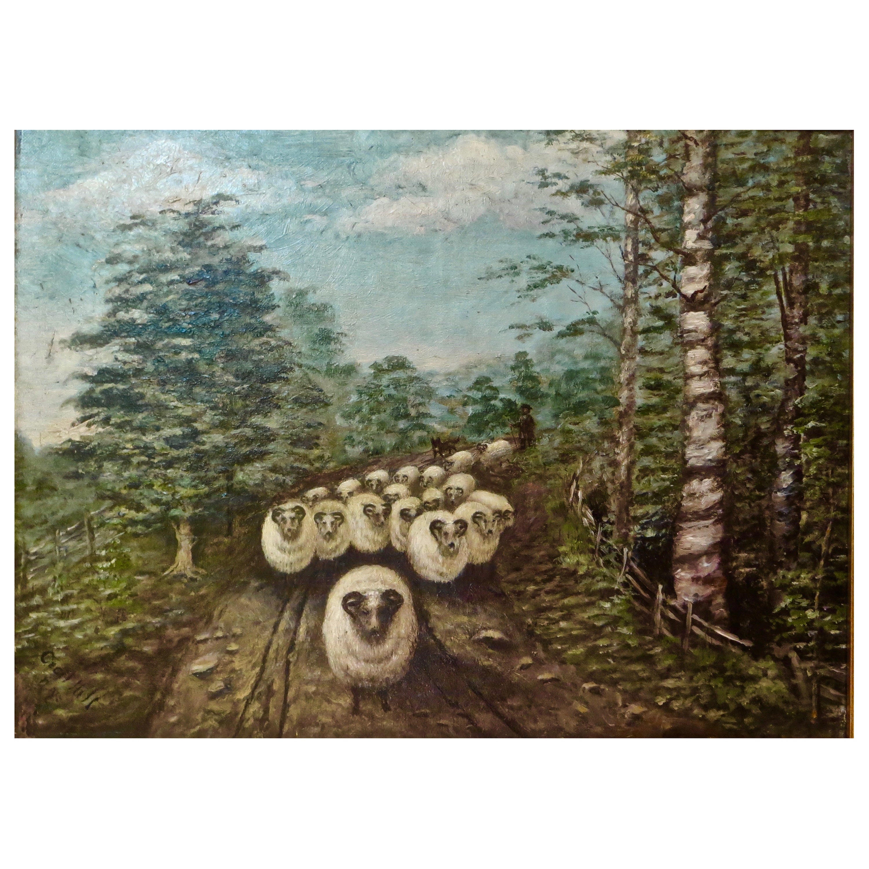 Huile sur toile du milieu du 19e siècle représentant des moutons en marche, signée Cecil Hill