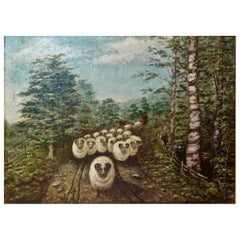 Mid 19th C. Oil on Canvas On Board Depicting "Sheep On A Walk" Signed Cecil Hill