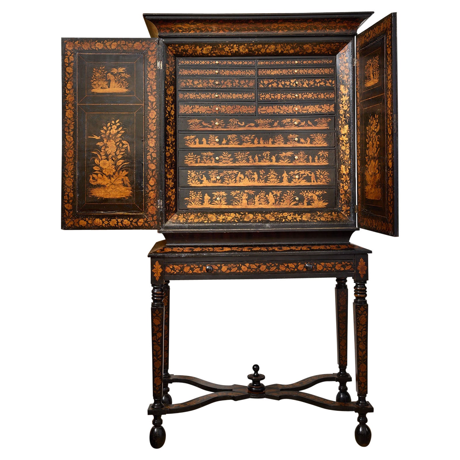 Rare Regency  Penwork Collectors Cabinet on Stand, Chinoiserie For Sale