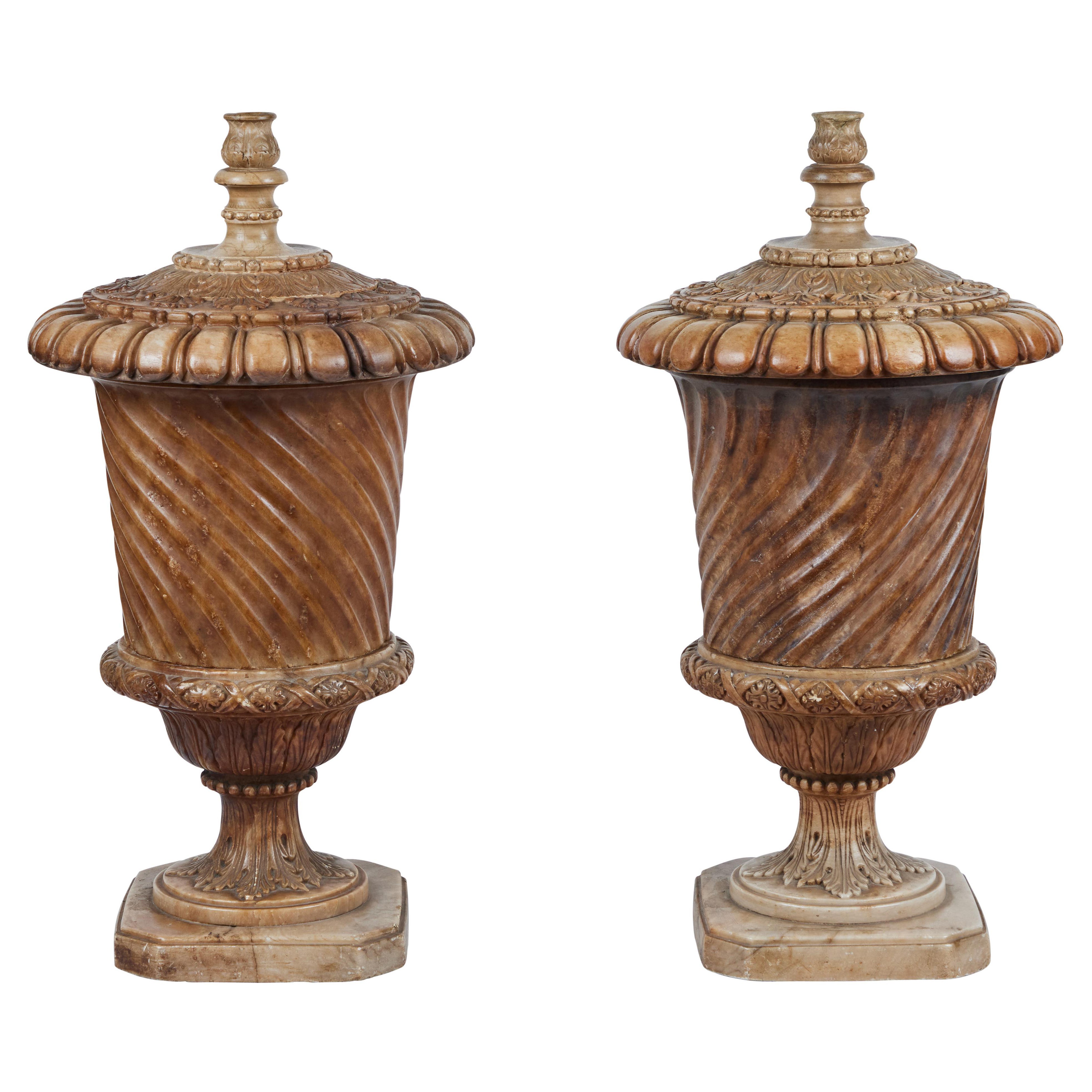 Pair Alabaster Lidded Urns For Sale