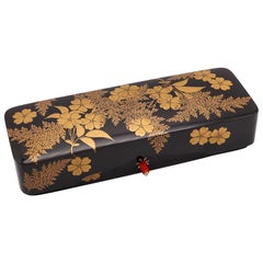 JAPÓN 1900 Caja Meiji Fubako De Madera Negra Lacada Hiramaki-e Con Dorado