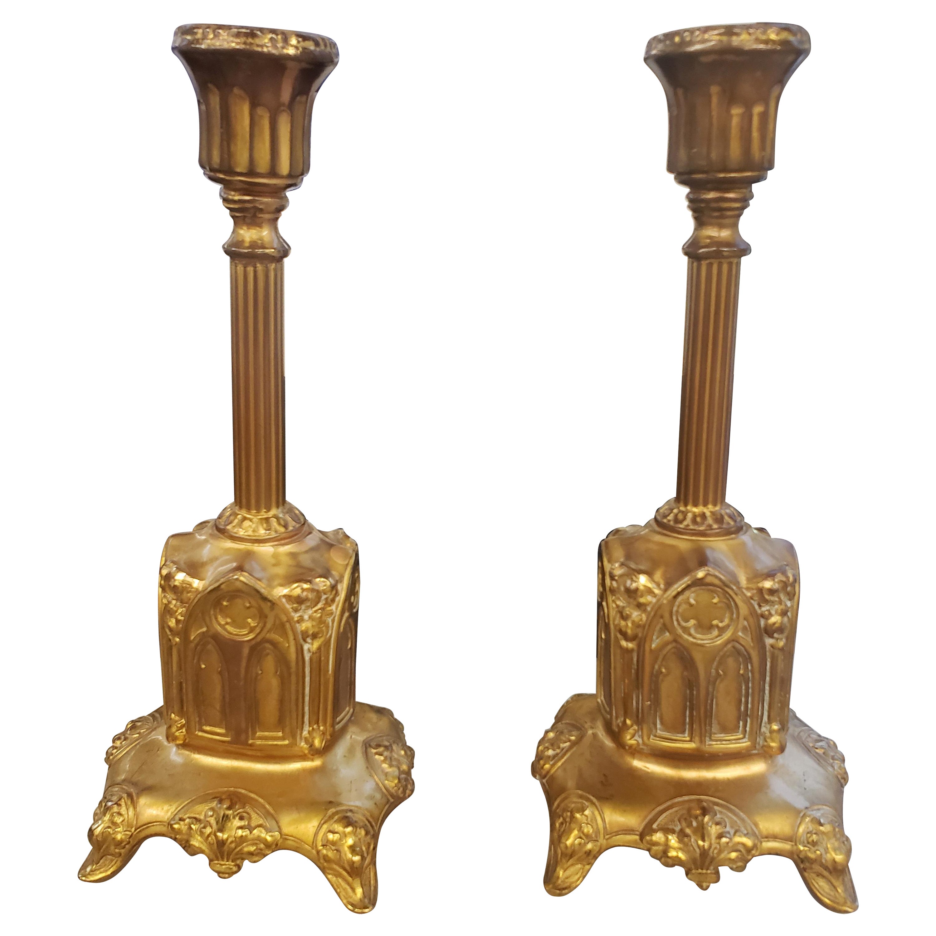 Pair of Gilt Patinated Metal Ecclesiastical Style Candleholders, circa 1920s For Sale