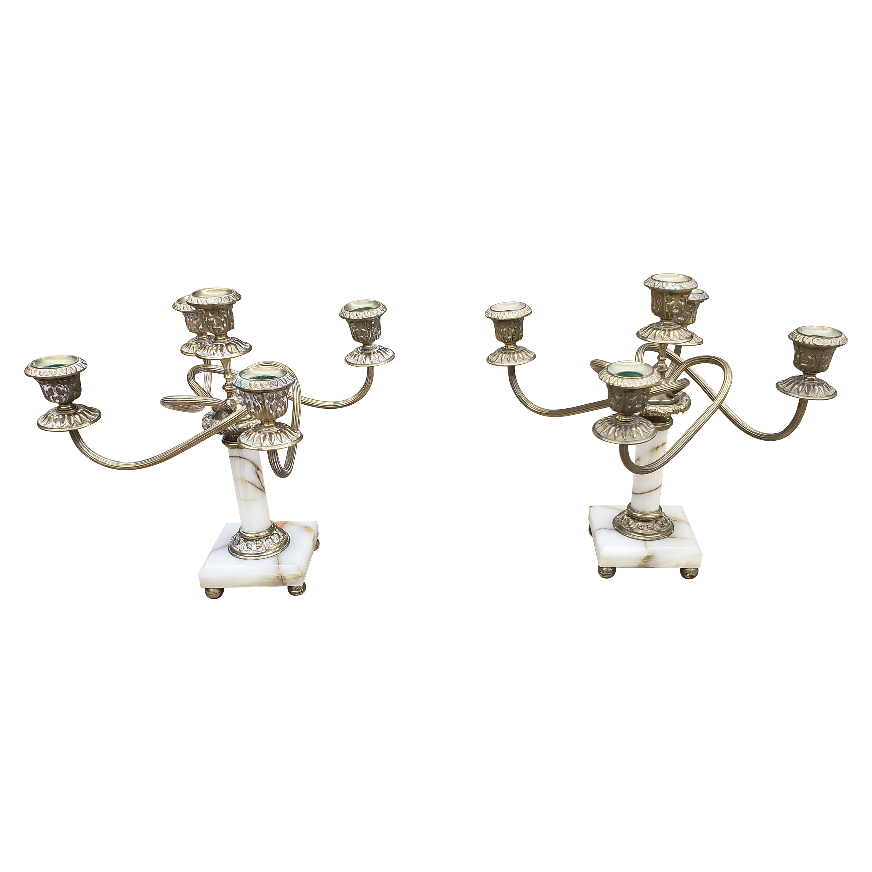 Pair of Continental Brass and Onyx Five-Arm Candelabra For Sale