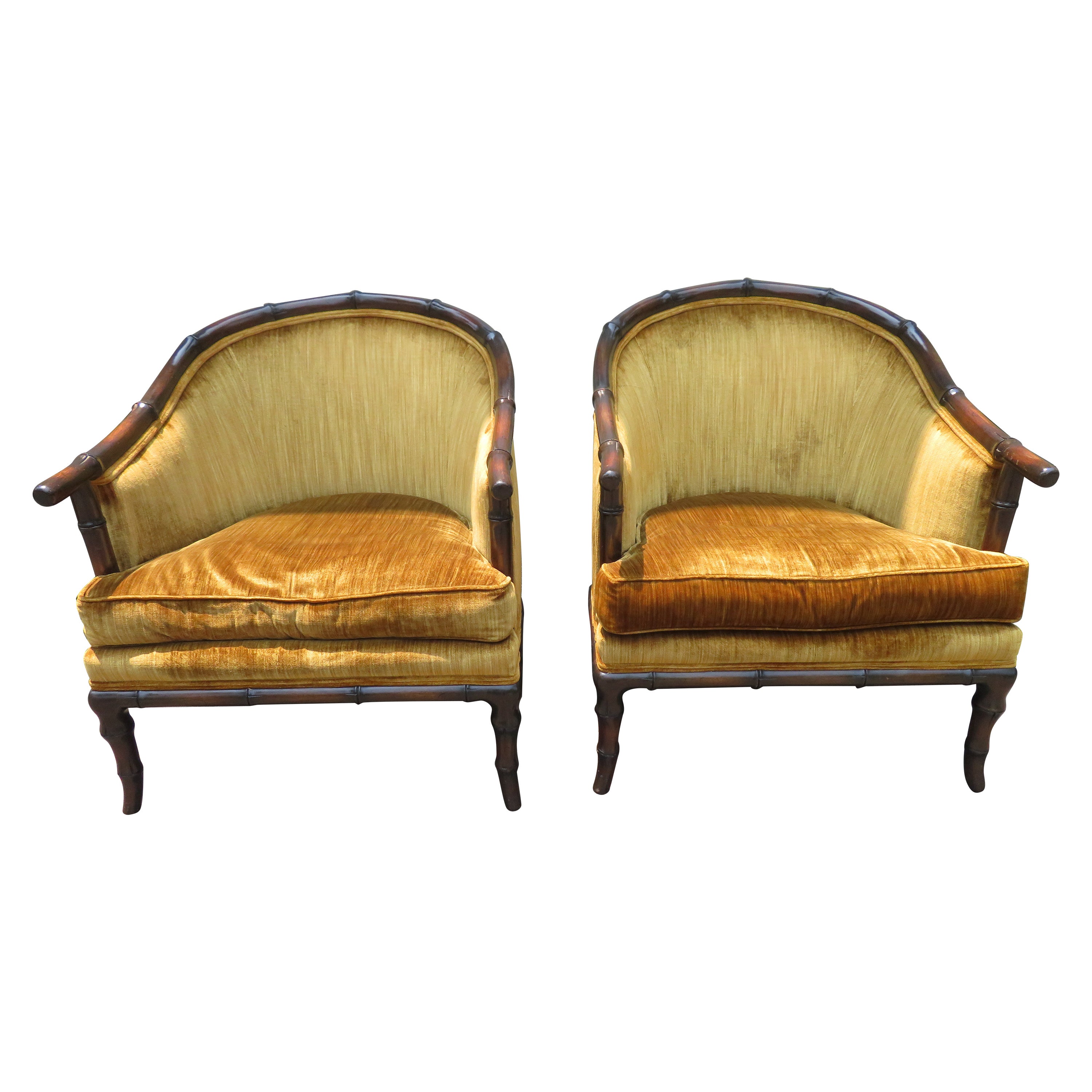 Fantastic Pair Hollywood Regency Faux Bamboo Barrel Back Arm Club Chairs For Sale