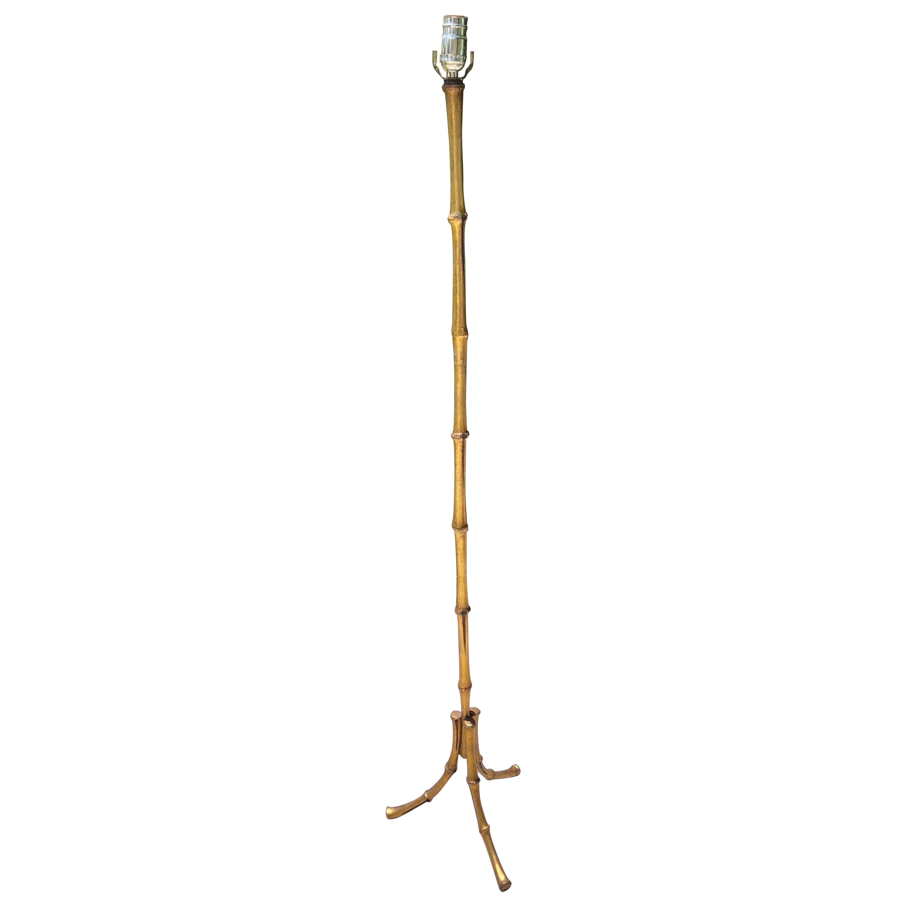 Jacques Adnet Style Gilt Metal Faux Bamboo Tripod Floor Lamp