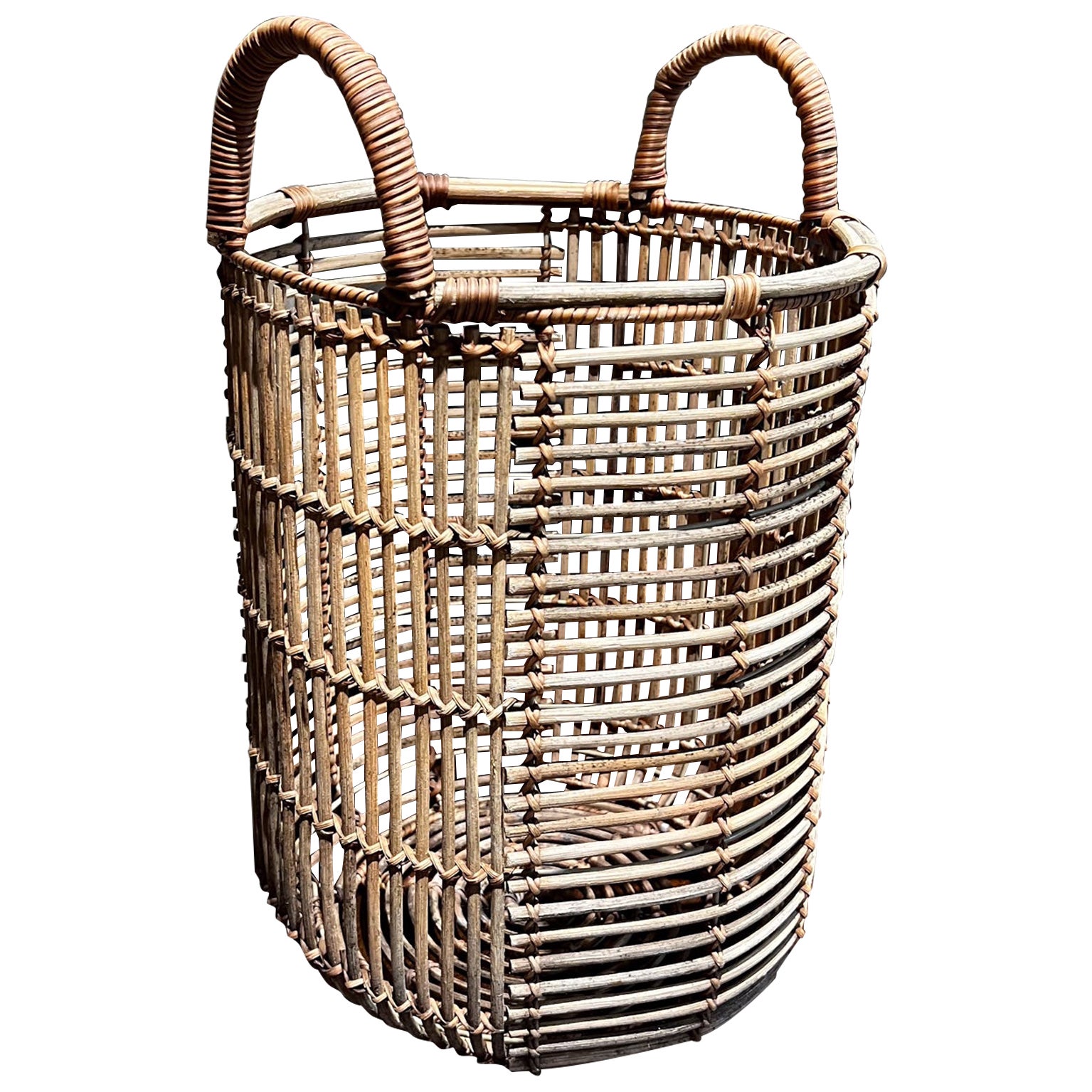 1960s Woven Basket Planter Catch-All with Carry Handle For Sale