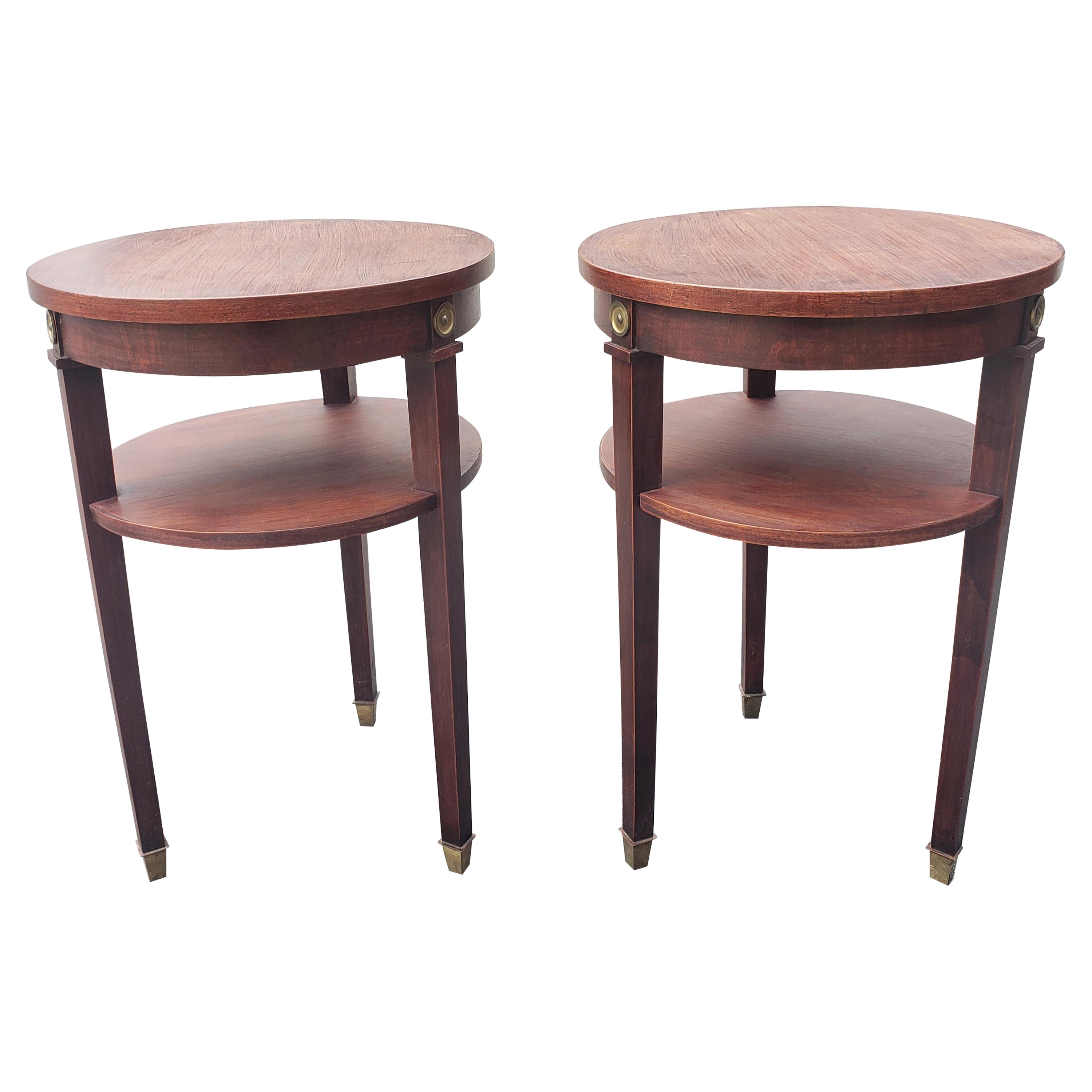 1950s Refinished Mahogany 2-Tier Round Candle Stand with Brass Capped Legs, Pair For Sale