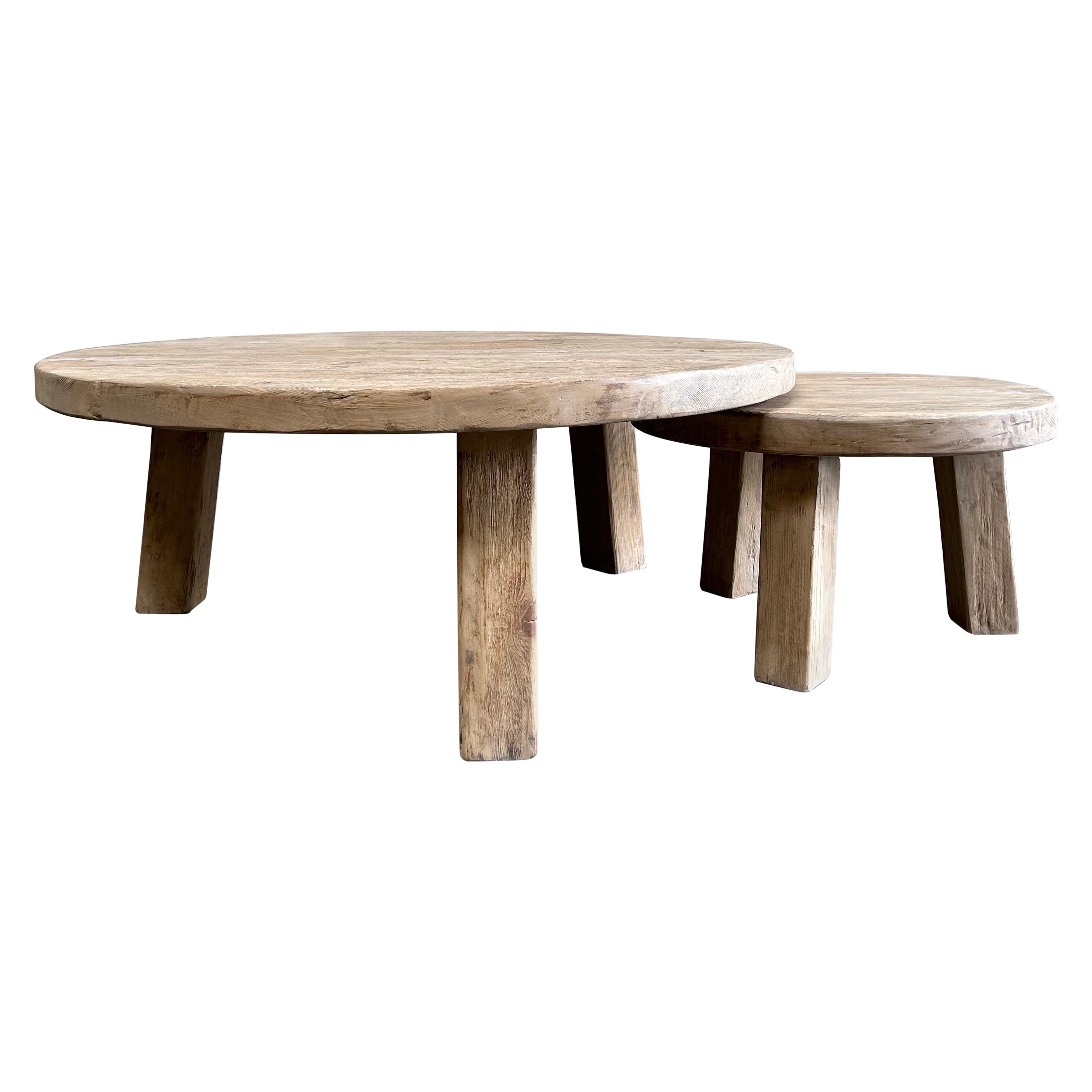 Solid Round Reclaimed Elm Wood 2-Piece Nesting Coffee Table Set For Sale