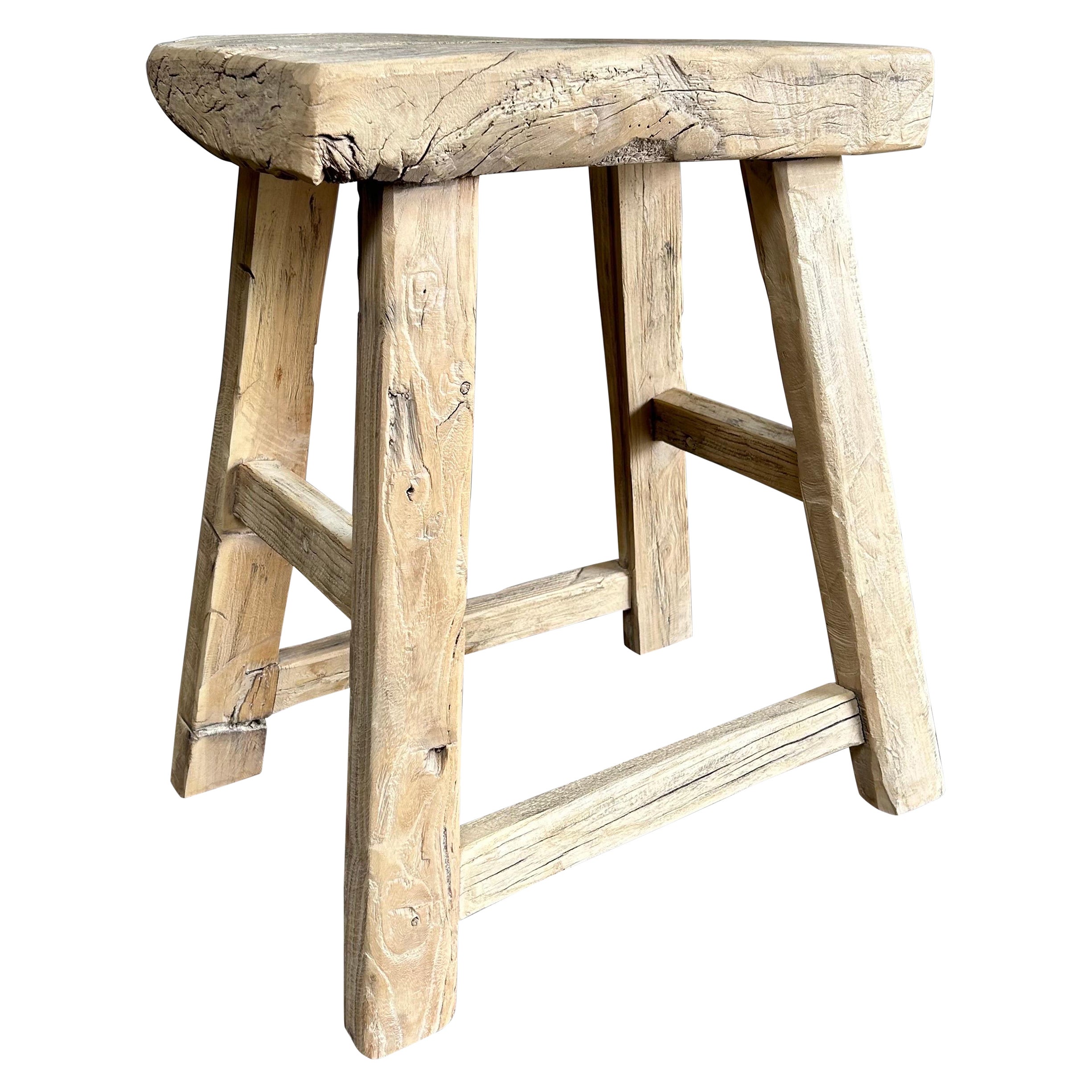 Vintage Reclaimed Elm Wood Stool For Sale at 1stDibs