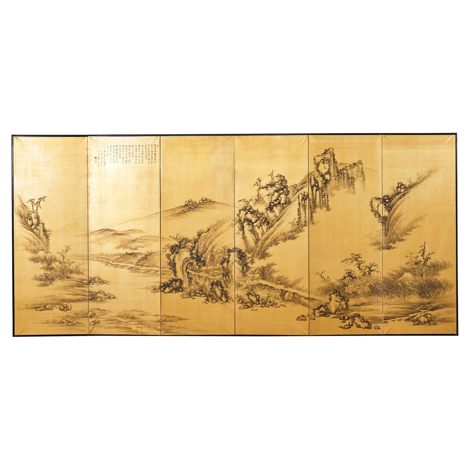 Japanese Style Showa Six Panel Screen Chinese Gilt Mountain Landscape For Sale