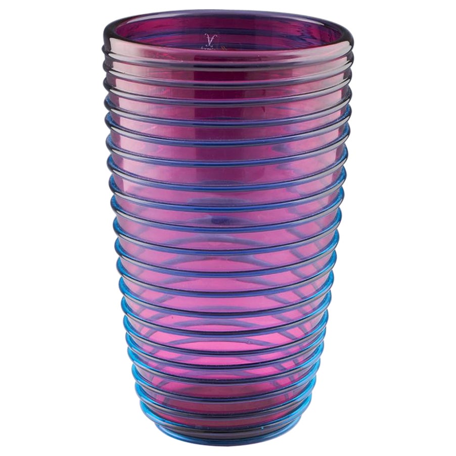 A Tall Formia Murano Sapphire Blue Trail Over Amethyst Vase, 2008 For Sale