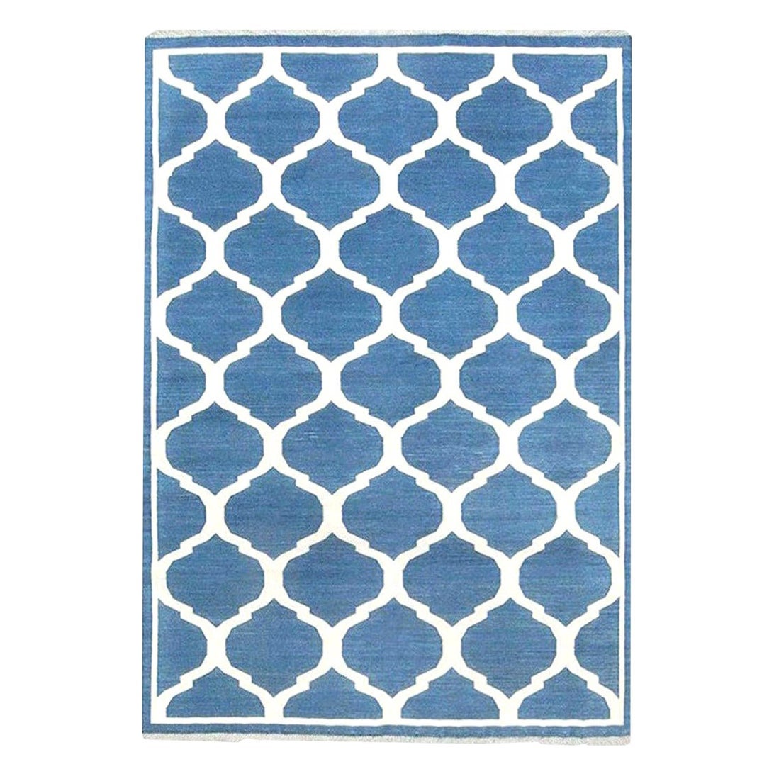 Indian Dhurrie Design Blue and White Handmade Cotton Rug by Doris