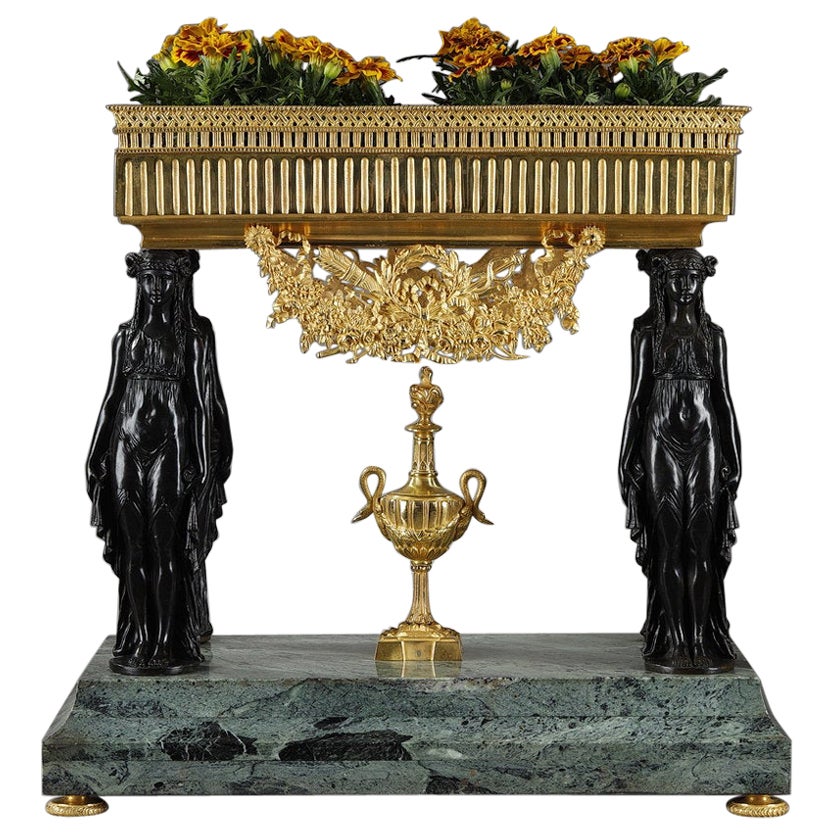 Bronze and Sea-Green Marble Table Planter with Caryatids, Empire Style, 19thC For Sale