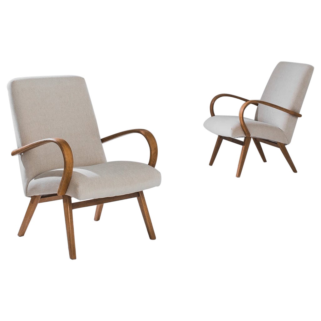 1950s Czech Beige Upholstered Armchairs, a Pair For Sale