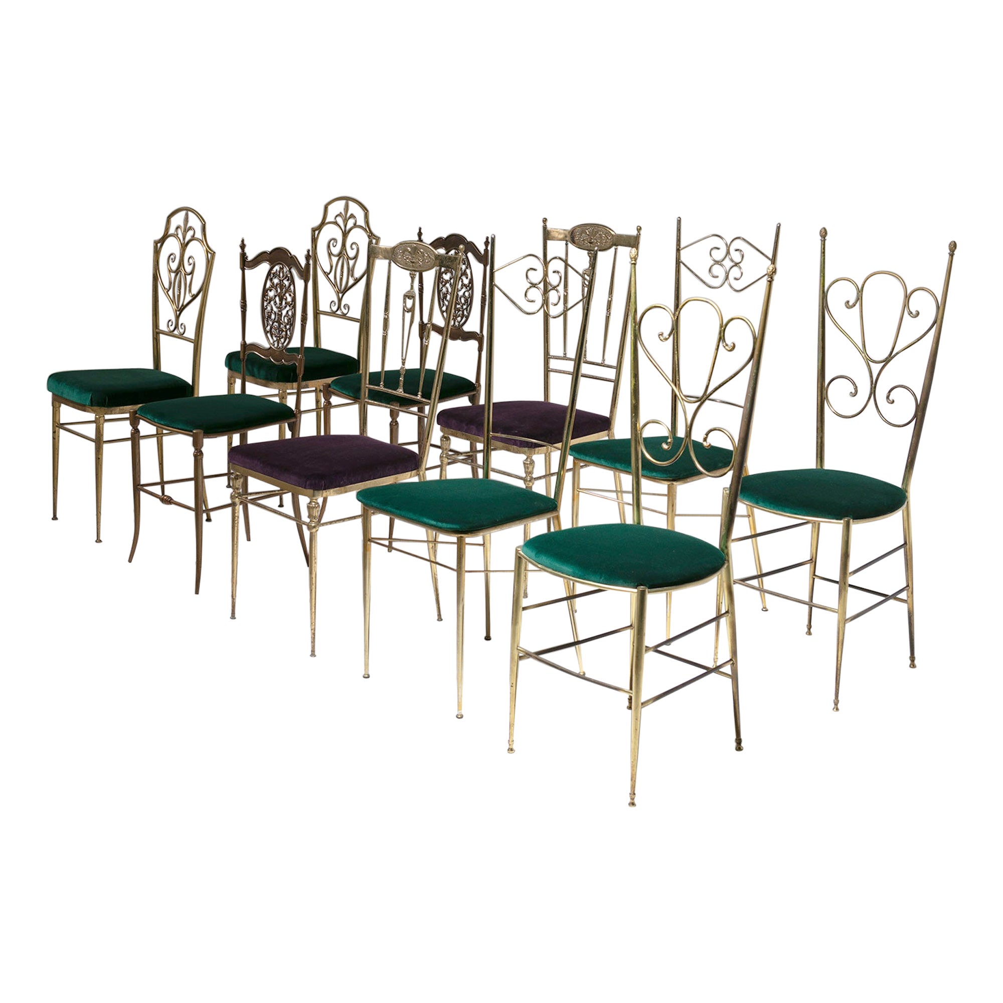 Dix chaises Chiavari en laiton, sièges en velours, dossiers baroques, Italie, années 1950 en vente
