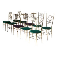 Ten Chiavari Brass Chairs, Velvet Seats, Baroque Backrests, Italy, 1950s
