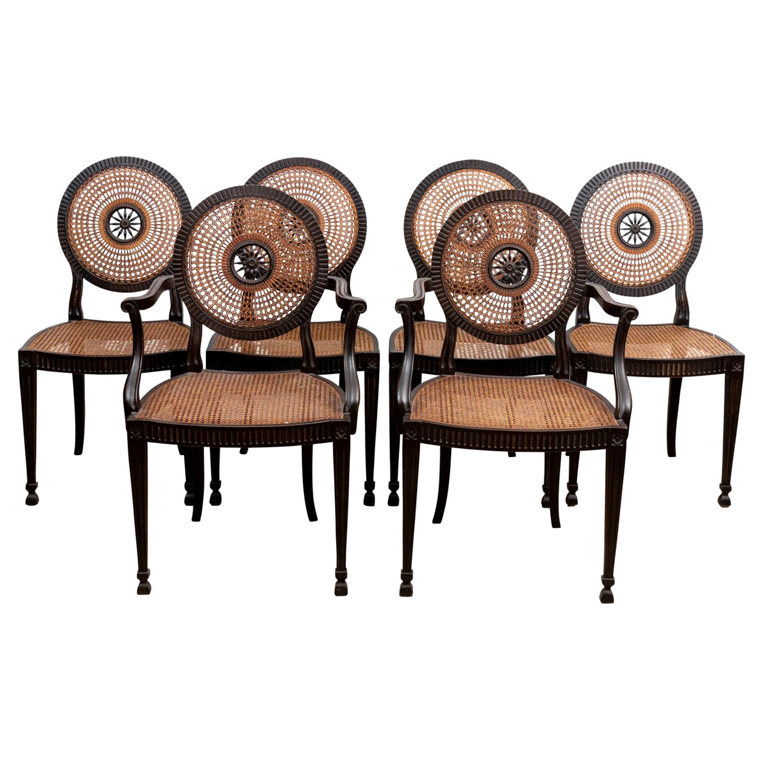 Set of Six French Burlwood Caned Dining Chairs For Sale at 1stDibs