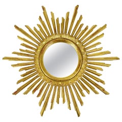 Antique Carved Gilt Wood Sunburst Starburst Wall Mirror, Hollywood Regency, France, 1960