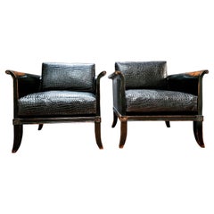 Pair of Leather and Wood Lounge Chairs