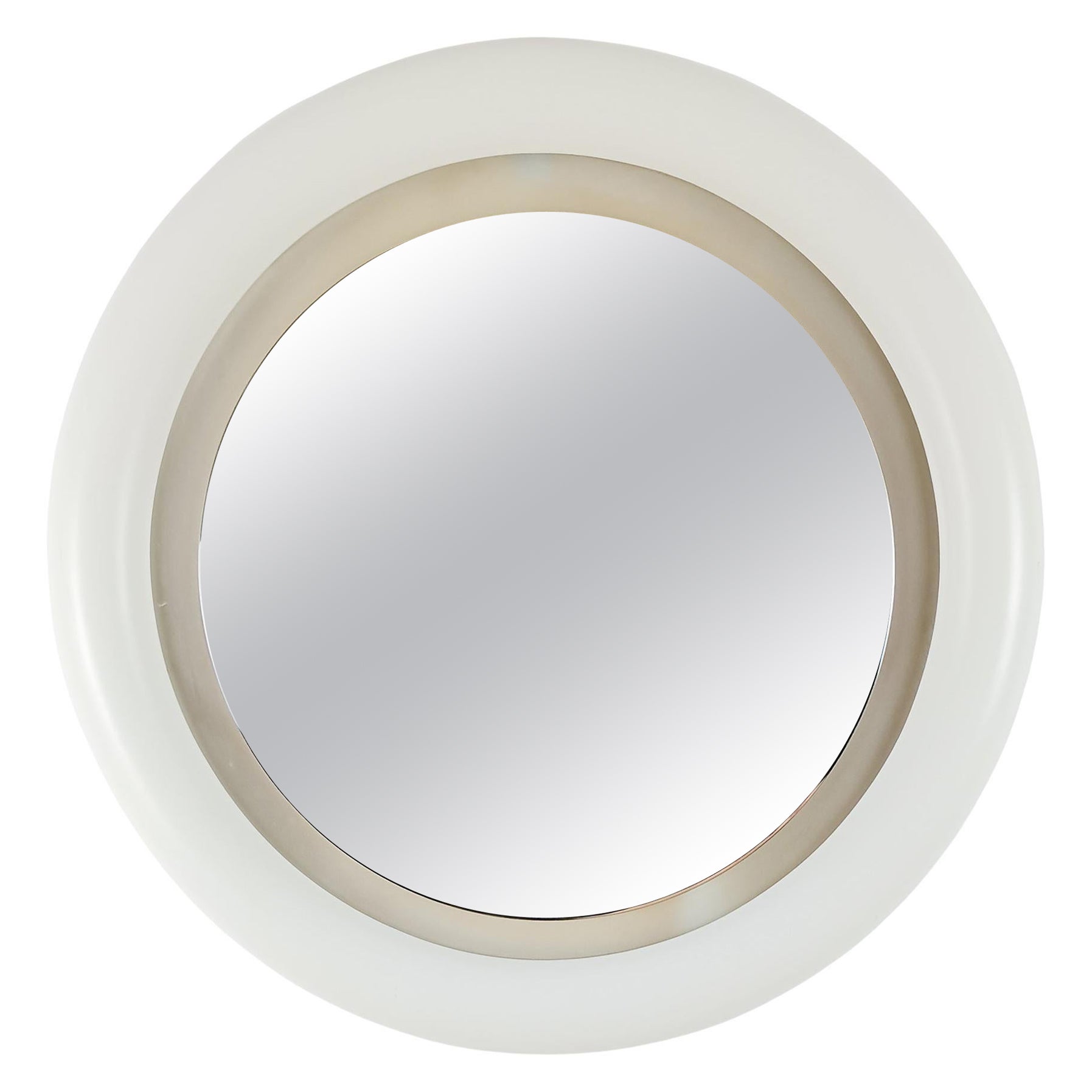Modern Round Backlit Mirror in White Lacquered Wood - Italy 1970 For Sale