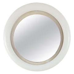 Retro Modern Round Backlit Mirror in White Lacquered Wood - Italy 1970