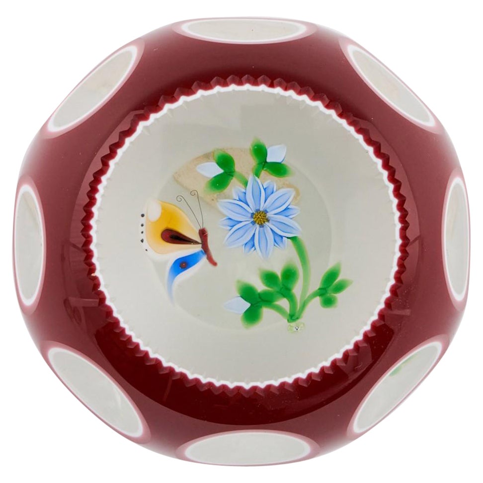 A Perthshire Ruby & White Double Overlay Lampwork Butterfly Paperweight, 1990 For Sale