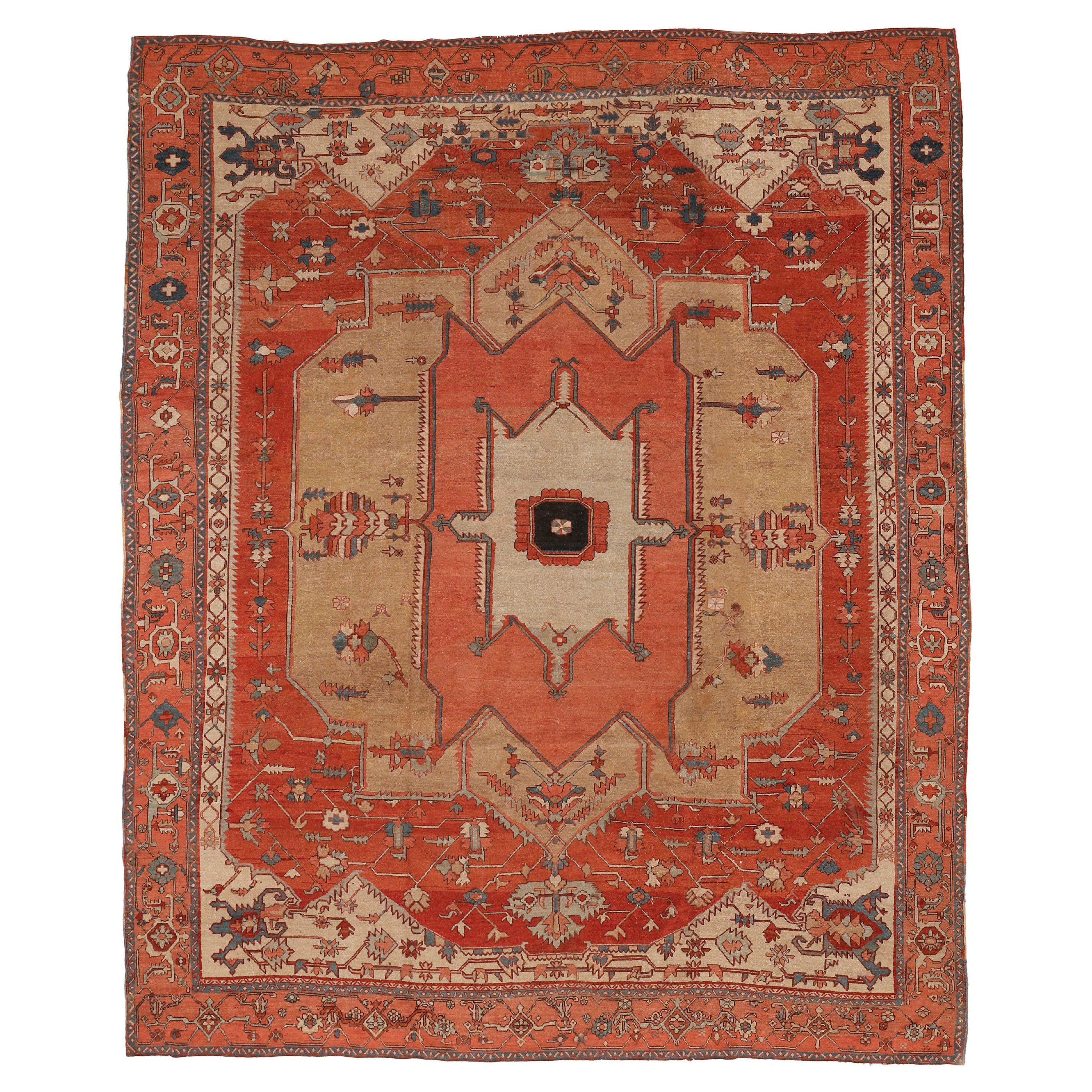Antique Large Square Size Heriz Serapi Rug with Pastel Colours  For Sale