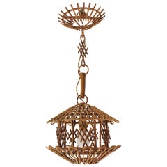 Vintage French Modernist Rattan Pendant Lantern / Hanging Light with Chinoiserie Accents