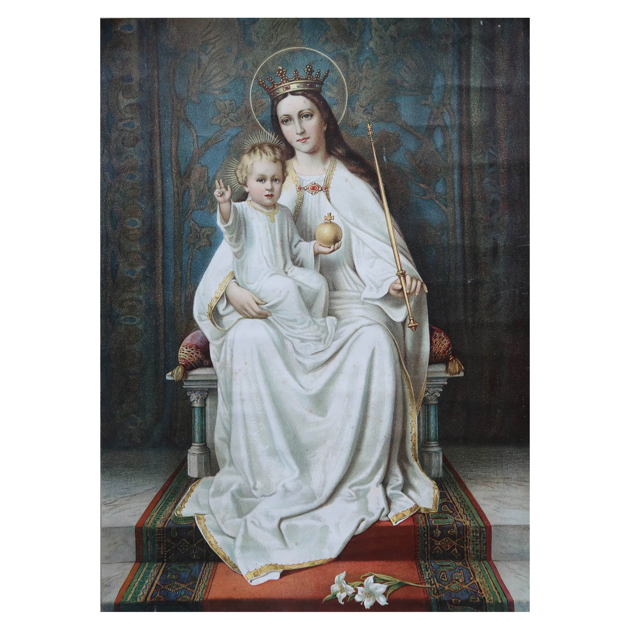 Grande estampe ancienne originale de la Madonna et du Child, vers 1900