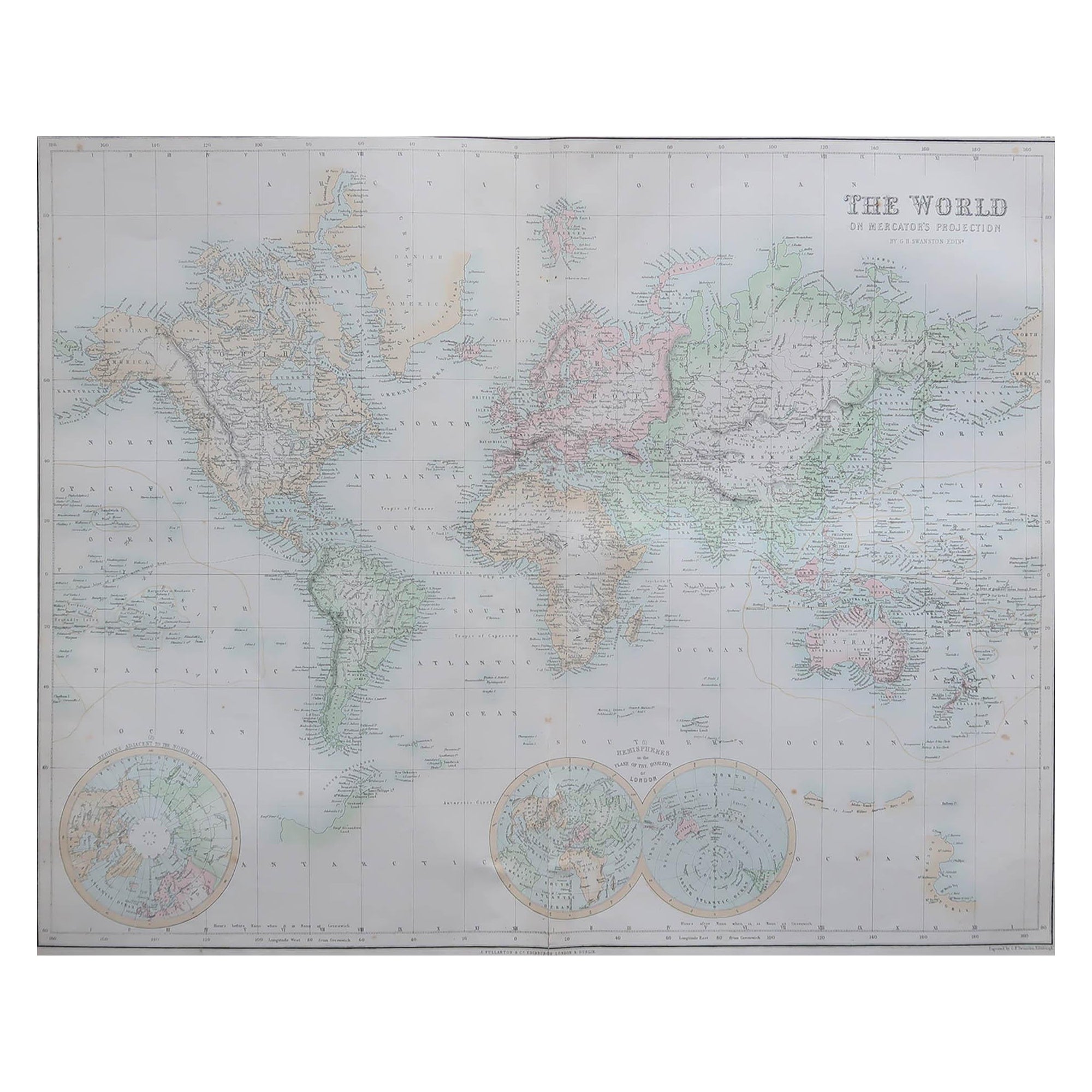 Large Original Antique Map of the World, Fullarton, circa 1870 For Sale