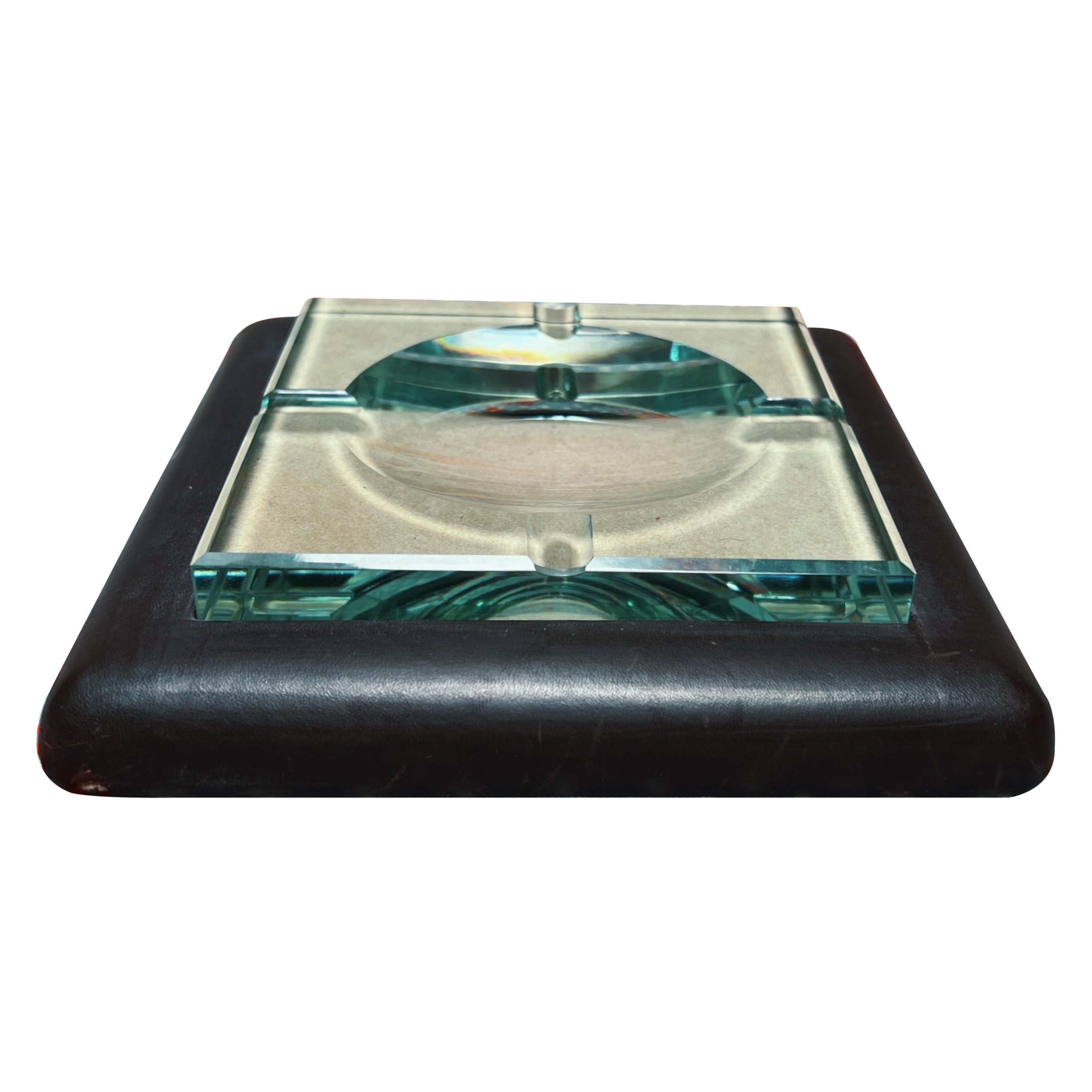 Midcentury Ashtray by Fontana Arte Crystal Glass and Leather Italy, 1960s