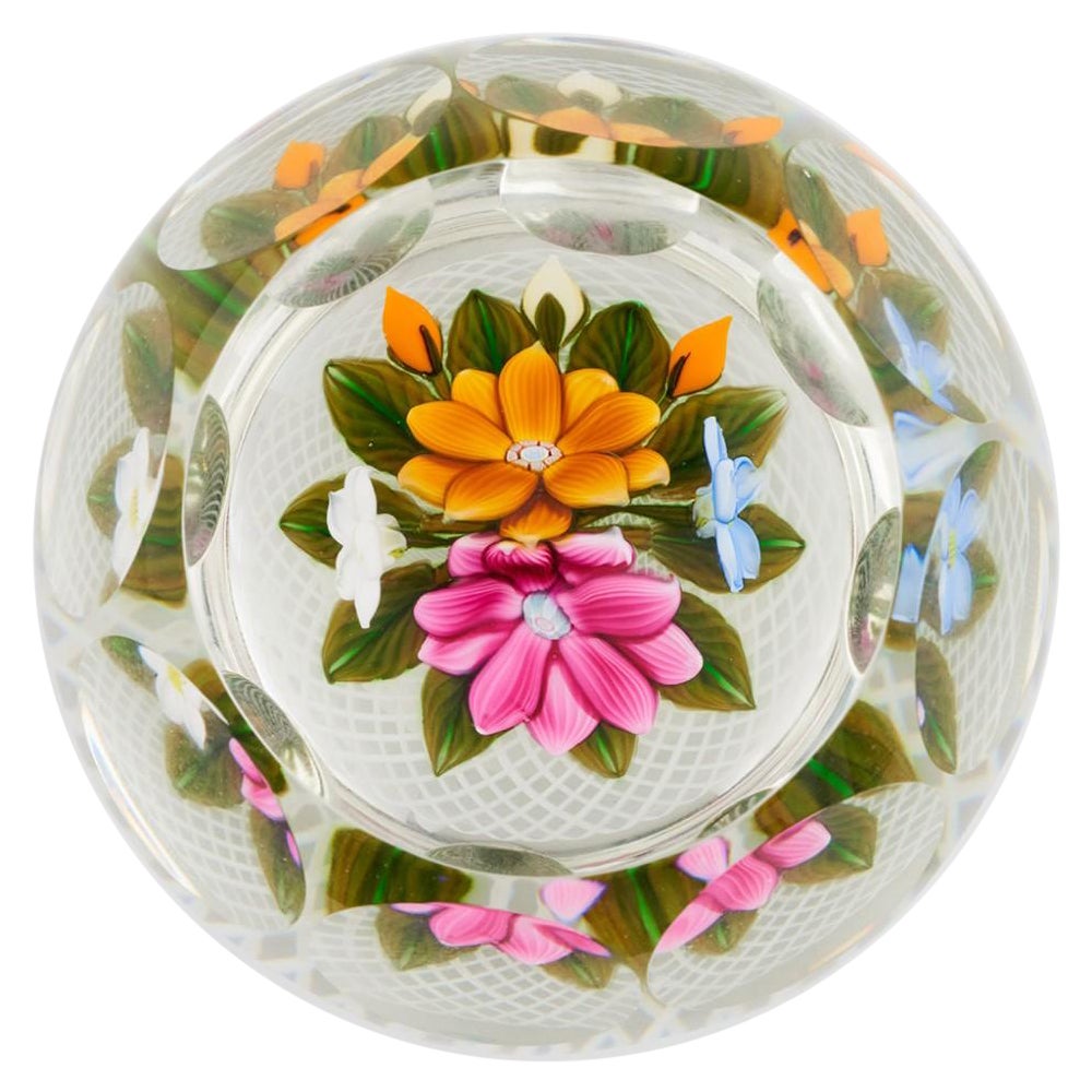 A Perthshire Three-Dimensional Bouquet on Lattice Basket Paperweight, 1997