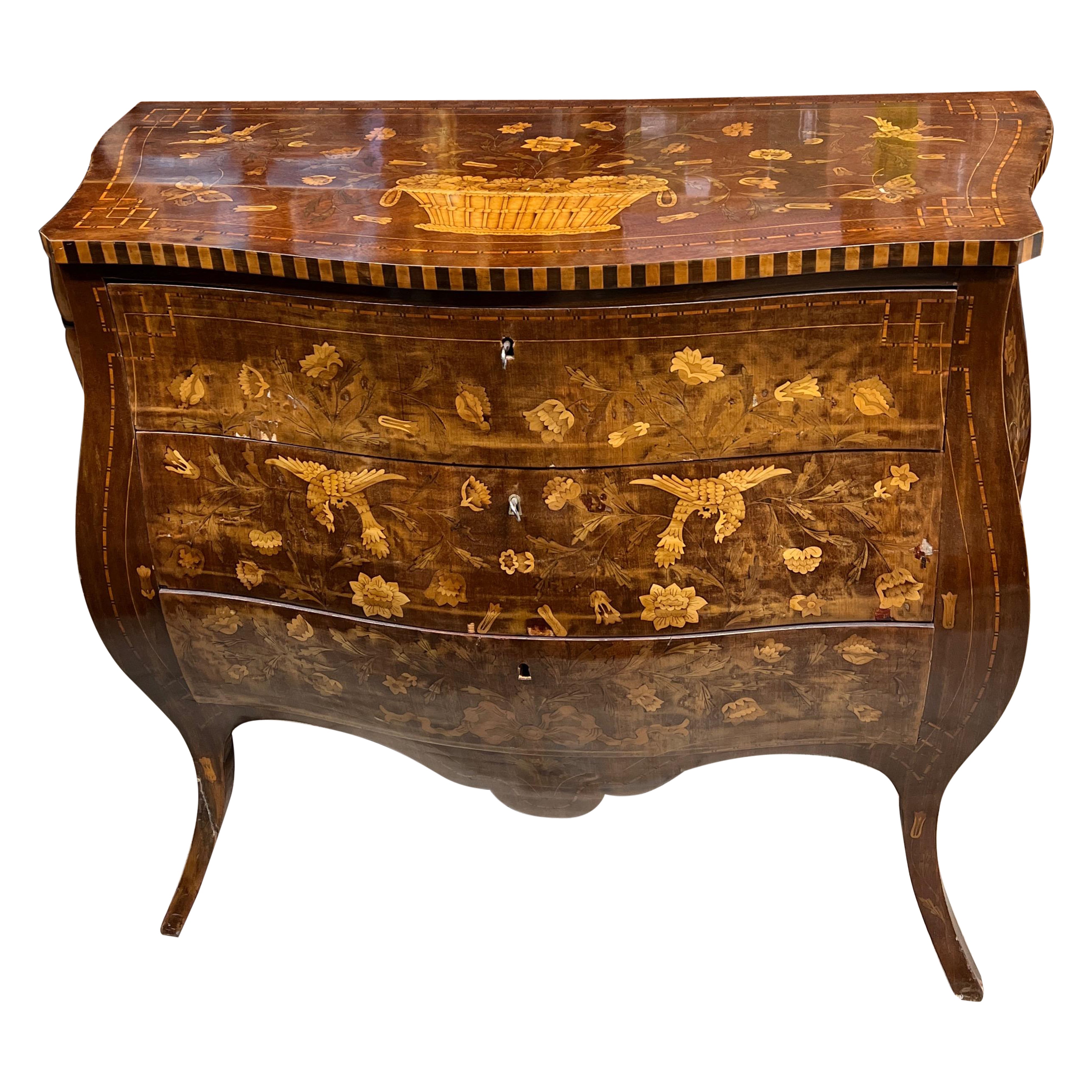 Mahogany Inlaid Bombed Dresser in mahogany and fruit woods Louis XV style 19th cent For Sale