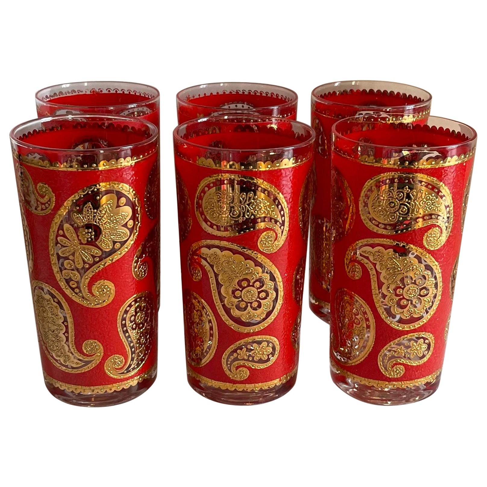 Set of 6 1960s Red & Gold Paisley Highball Glasses by Culver For Sale
