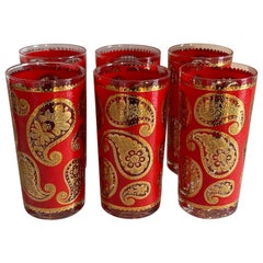 Set of 6 1960s Red & Gold Paisley Highball Glasses by Culver