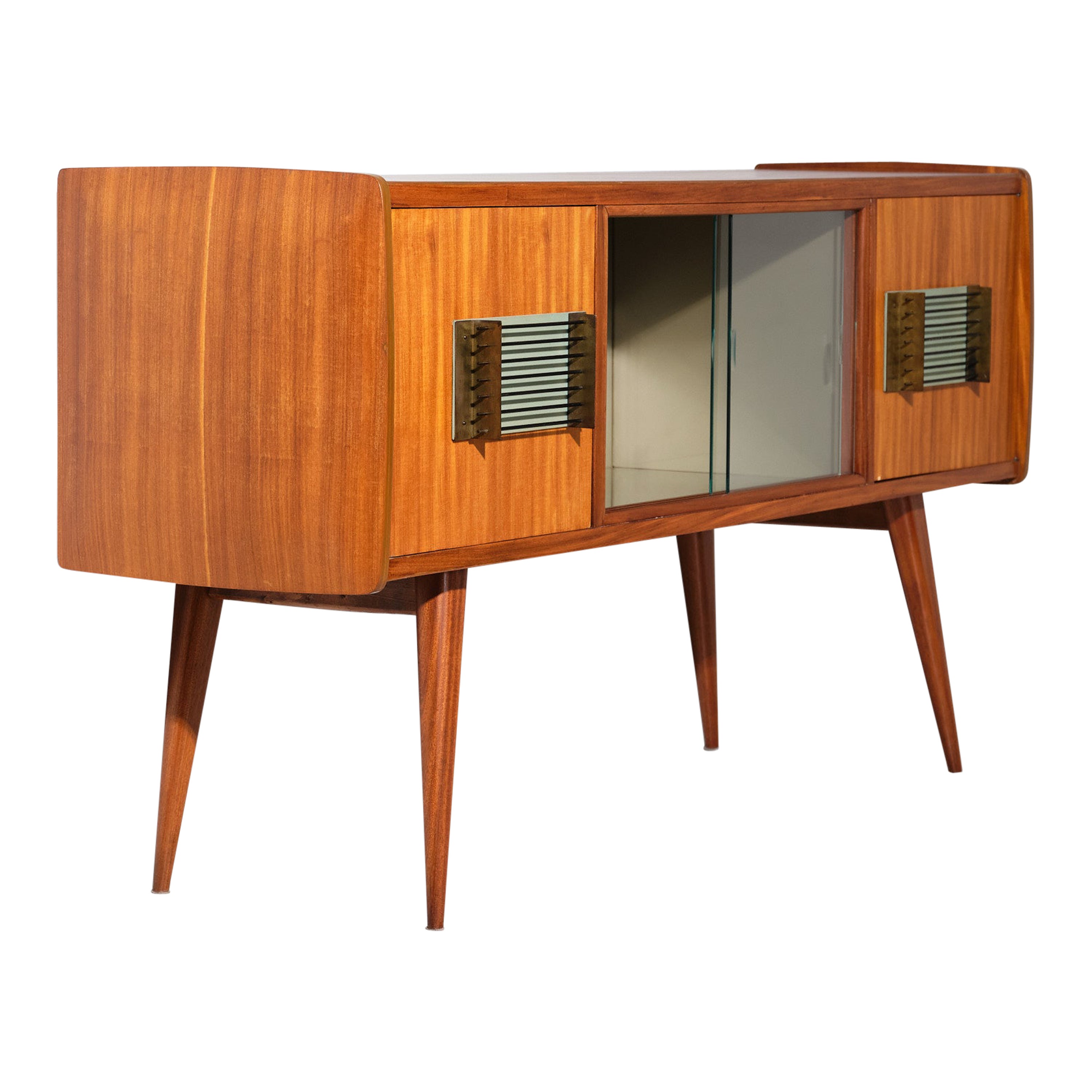 1950s Italian Teak Credenza with Bar : Refined Design, Glass Doors, and Brass For Sale