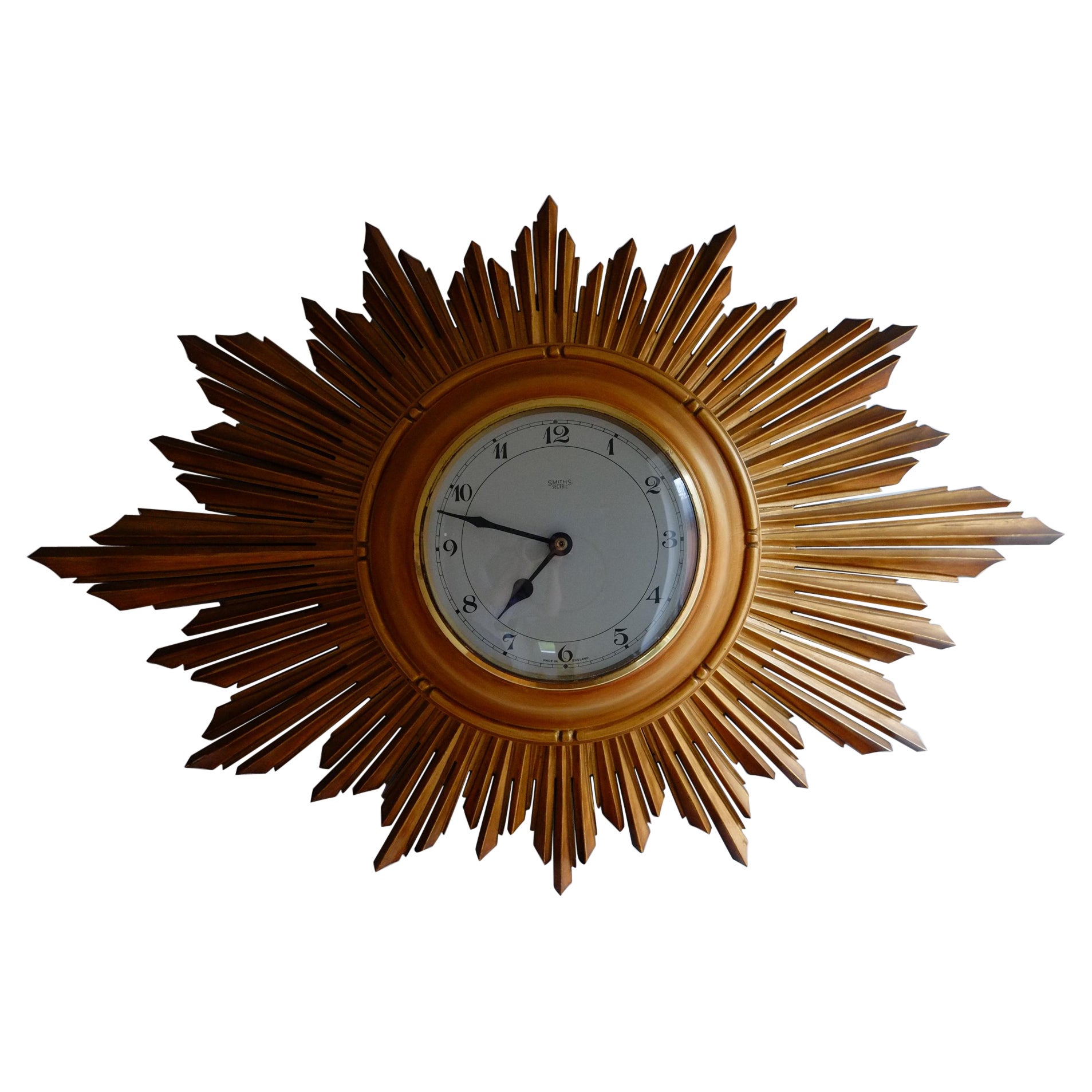 Rare Gilt Wood Smiths Gold Sunburst Wall Clock. Made in England For Sale