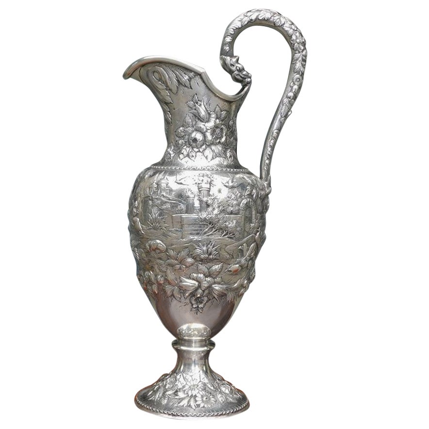 American Sterling Silver Figural & Foliage Embossed Wine Pitcher Kirk & Son 1880 For Sale