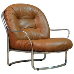 Retro Carlo De Carli for Cinova Mod. 915 Chrome and Brown Leather Arm Chair, 1969