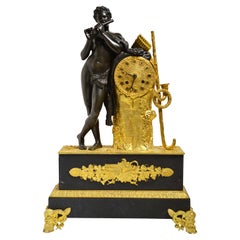 Antike französische LaGarde-Kaminuhr, vergoldet, n Patina, Bronze, Hirte, spielender Flöte