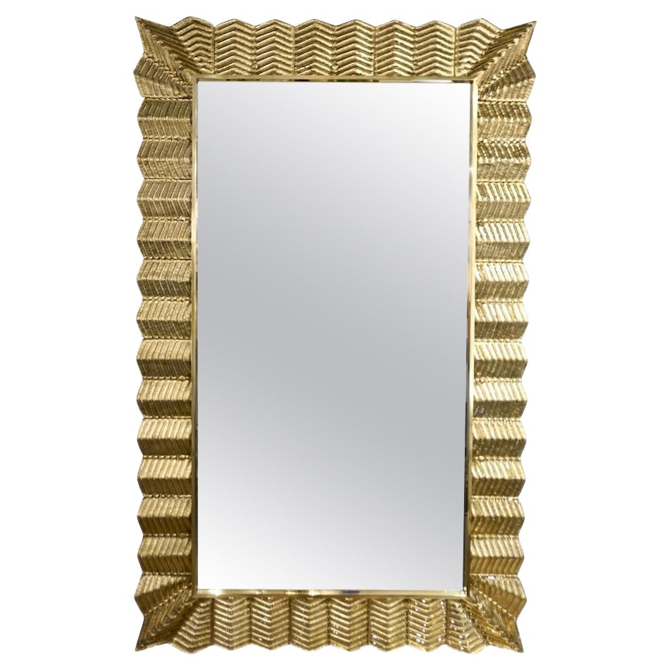 Bespoke Italian Art Deco Design Ruffled Gold Murano Glass Brass Mirror For Sale