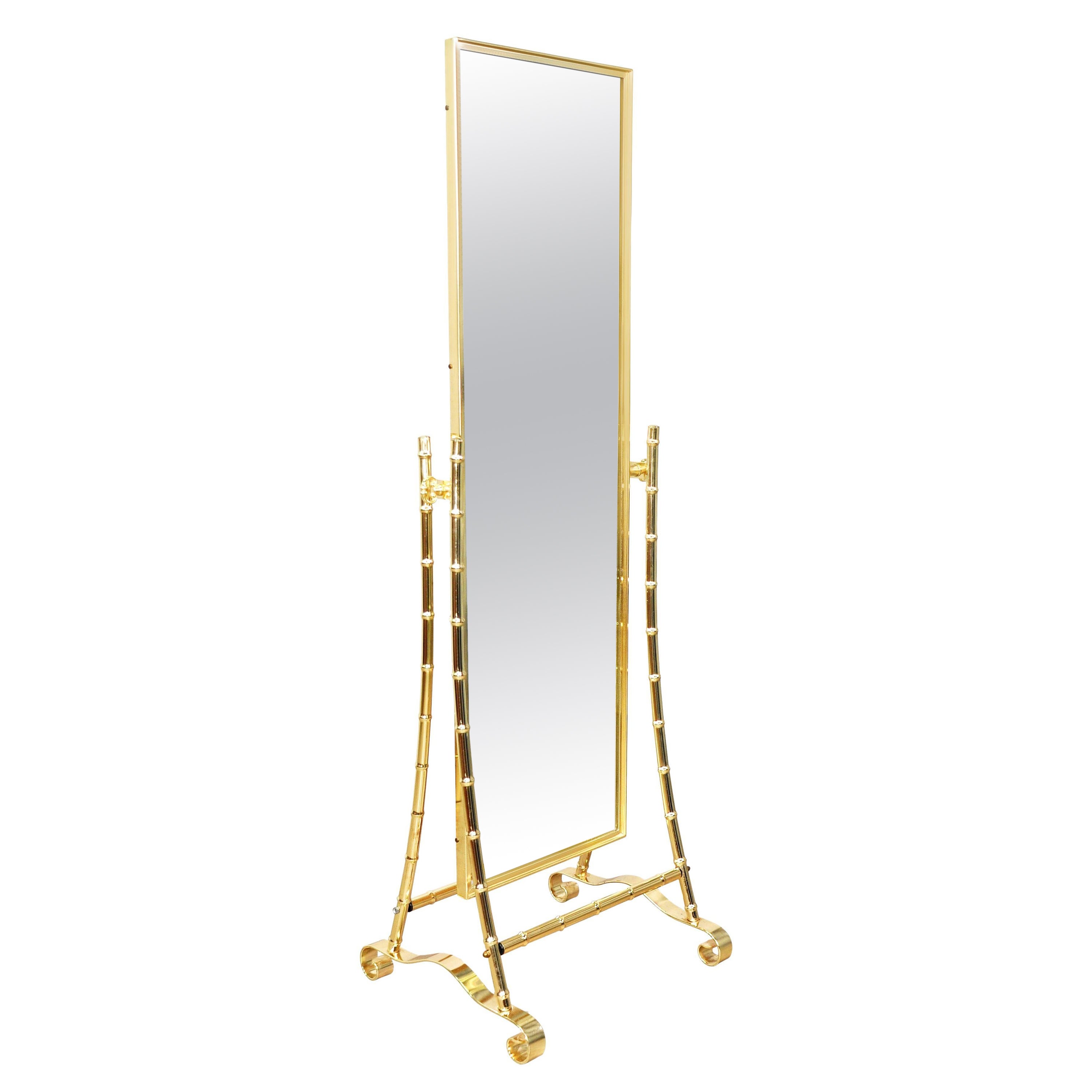 Vintage Hollywood Regency Brass Faux Bamboo Cheval Floor Mirror